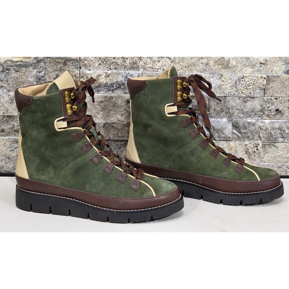 J. CREW Suede Elsa Boots Chunky Lug Sole Lace-Up Huntington Green EUC Womens 6 - Picture 1 of 12